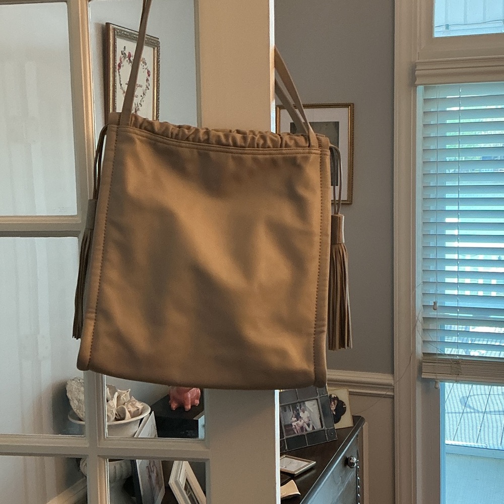 Women's Hobo Taupe Leather Shoulder Bag with Tassels